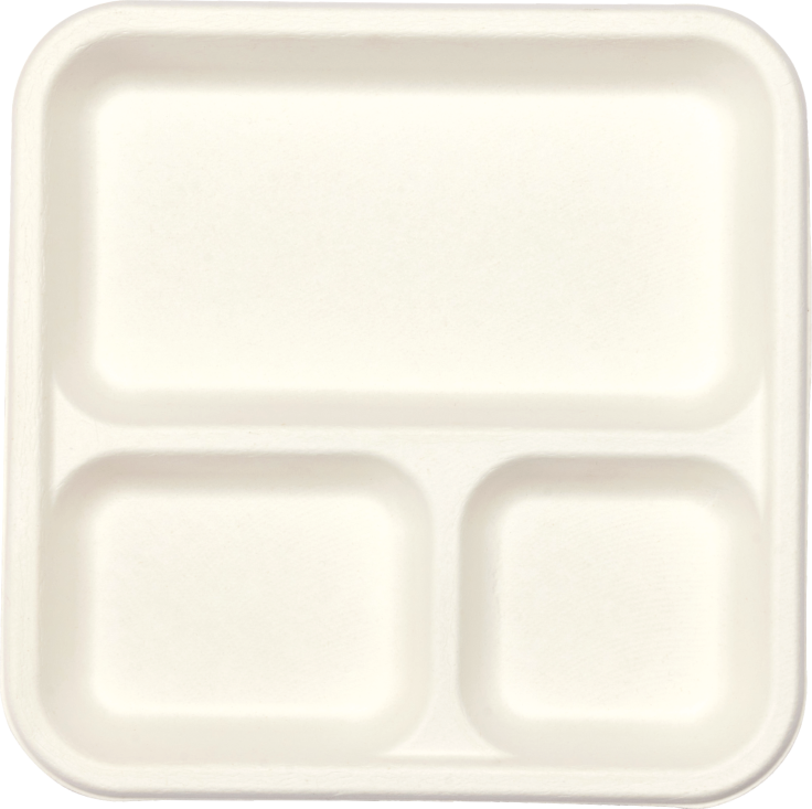 Top view of 3 compartment bagasse tray ideal for burritos, curries, and combo meals – sustainable disposable plate