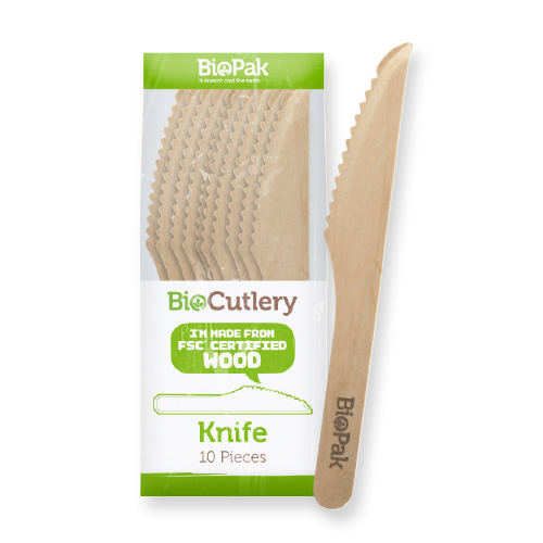 BioPak 16cm Wooden Knife - Individually wrapped 10pk