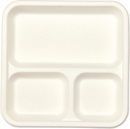 Top view of 3 compartment bagasse tray ideal for burritos, curries, and combo meals – sustainable disposable plate