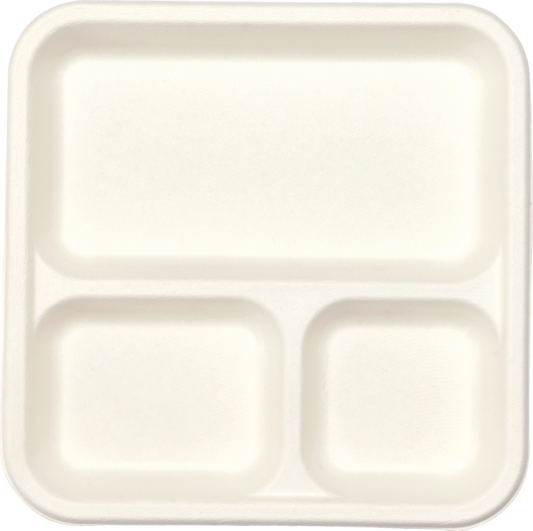 Top view of 3 compartment bagasse tray ideal for burritos, curries, and combo meals – sustainable disposable plate