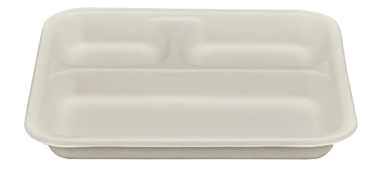 co-friendly 3 compartment square meal tray made from natural bagasse – PFAS-free and compostable food packaging