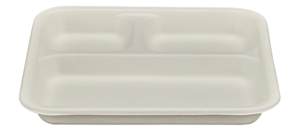 co-friendly 3 compartment square meal tray made from natural bagasse – PFAS-free and compostable food packaging