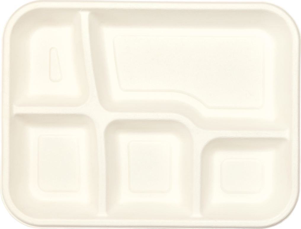 Top view of 5 compartment bagasse tray showing separate sections for hot and cold food – compostable and biodegradable plate.”