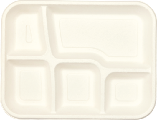 Top view of 5 compartment bagasse tray showing separate sections for hot and cold food – compostable and biodegradable plate.”