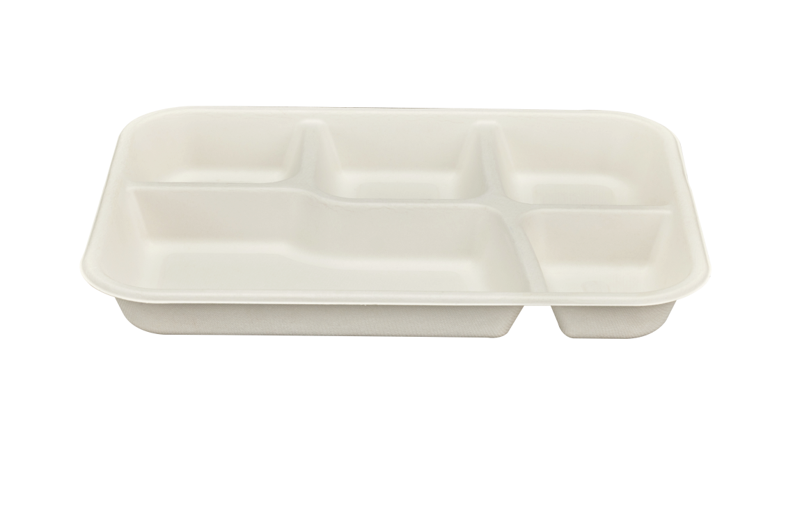 Eco-friendly 5 compartment rectangular meal tray made from natural bagasse plant fibre, PFAS-free and compostable, suitable for hot and cold food.
