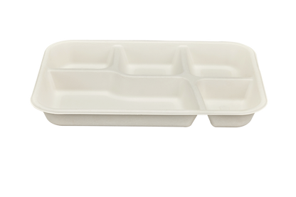 Eco-friendly 5 compartment rectangular meal tray made from natural bagasse plant fibre, PFAS-free and compostable, suitable for hot and cold food.