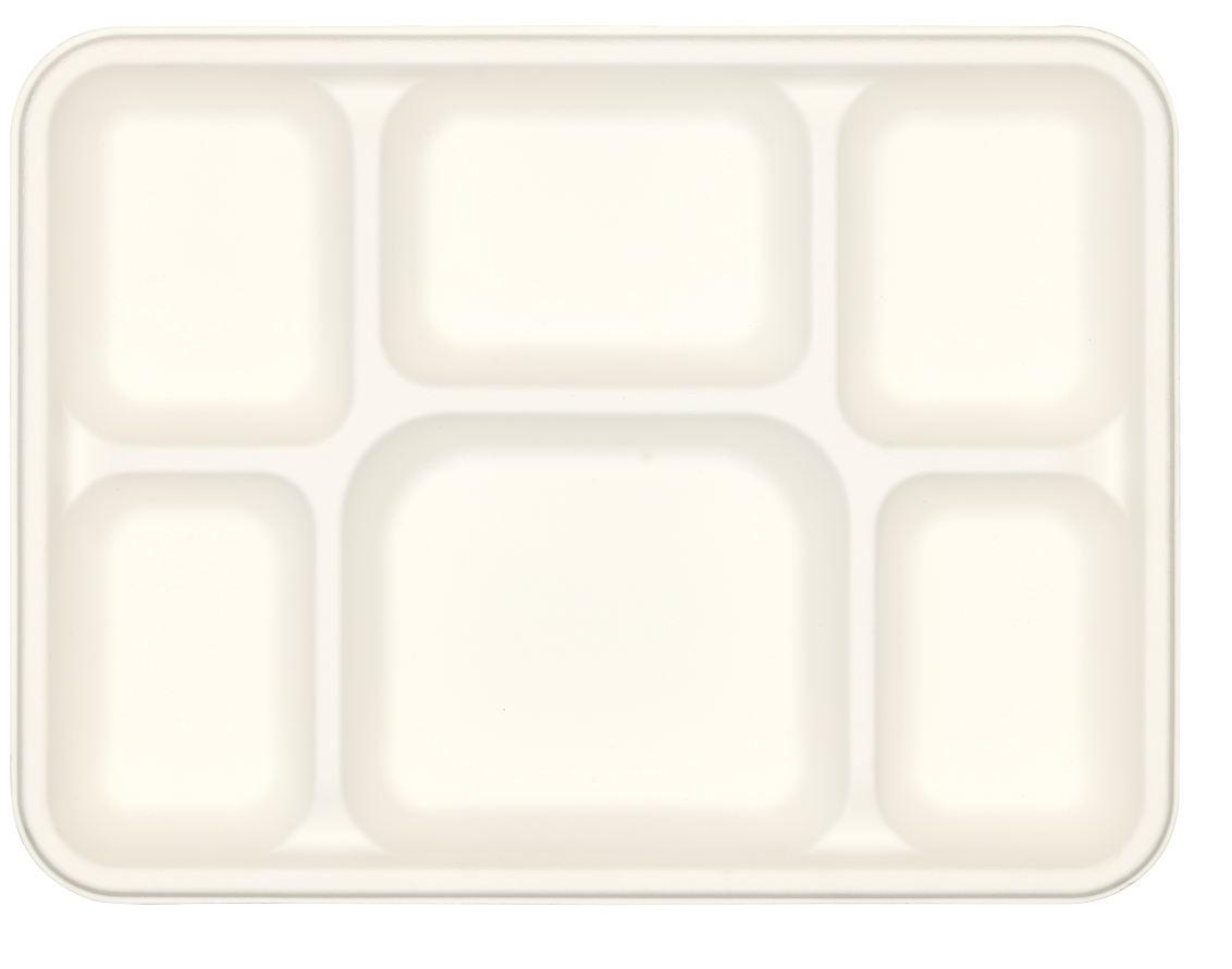 Overhead view of 6 compartment bagasse tray for catering and takeaway meals – sustainable disposable food tray