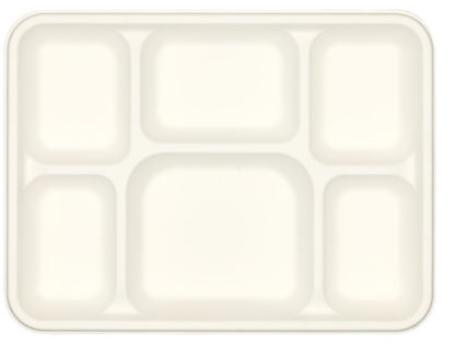 Overhead view of 6 compartment bagasse tray for catering and takeaway meals – sustainable disposable food tray
