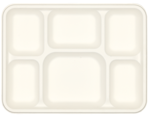 Overhead view of 6 compartment bagasse tray for catering and takeaway meals – sustainable disposable food tray