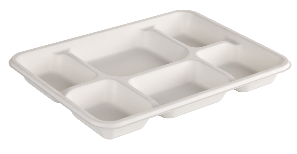 Eco-friendly 6 compartment rectangular meal tray made from renewable sugarcane fibre – PFAS-free and compostable