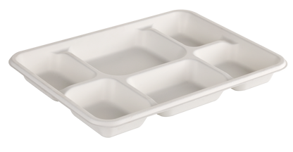 Eco-friendly 6 compartment rectangular meal tray made from renewable sugarcane fibre – PFAS-free and compostable