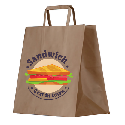 Custom Branded Small Flat Handle Brown Takeaway Bag 275x275x150mm