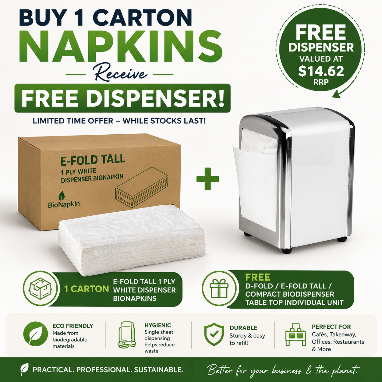 E-Fold Tall 1 Ply White Dispenser BioNapkin + FREE Dispenser