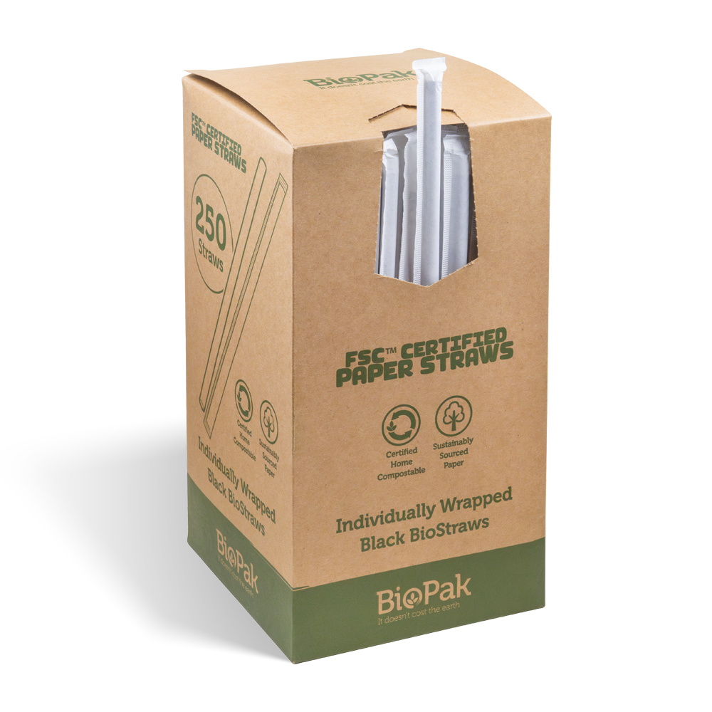 BioPak 7mm Individually Wrapped Regular Black BioStraws
