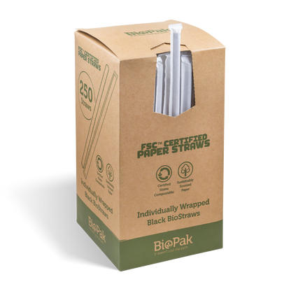 BioPak 7mm Individually Wrapped Regular Black BioStraws