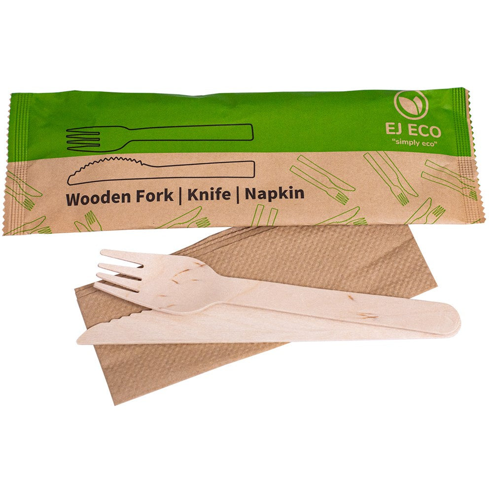 160mm Wooden Cutlery Set – Fork, Knife & Napkin | Individually Wrapped | 400 Sets/Carton