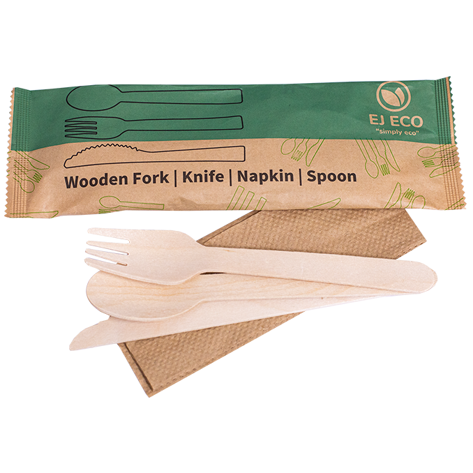160mm Wooden Cutlery Set – Fork, Spoon, Knife & Napkin | Individually Wrapped | 400 Sets/Carton