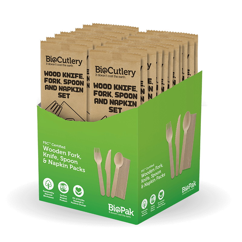 16cm FSC Wood Fork, Knife, Spoon & Napkin Sets