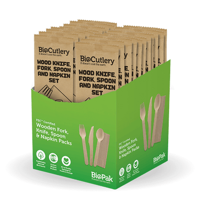 16cm FSC Wood Fork, Knife, Spoon & Napkin Sets