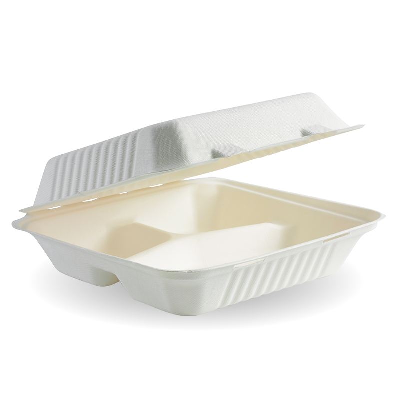 23x23x8cm 3-Compartment White BioCane Clamshell
