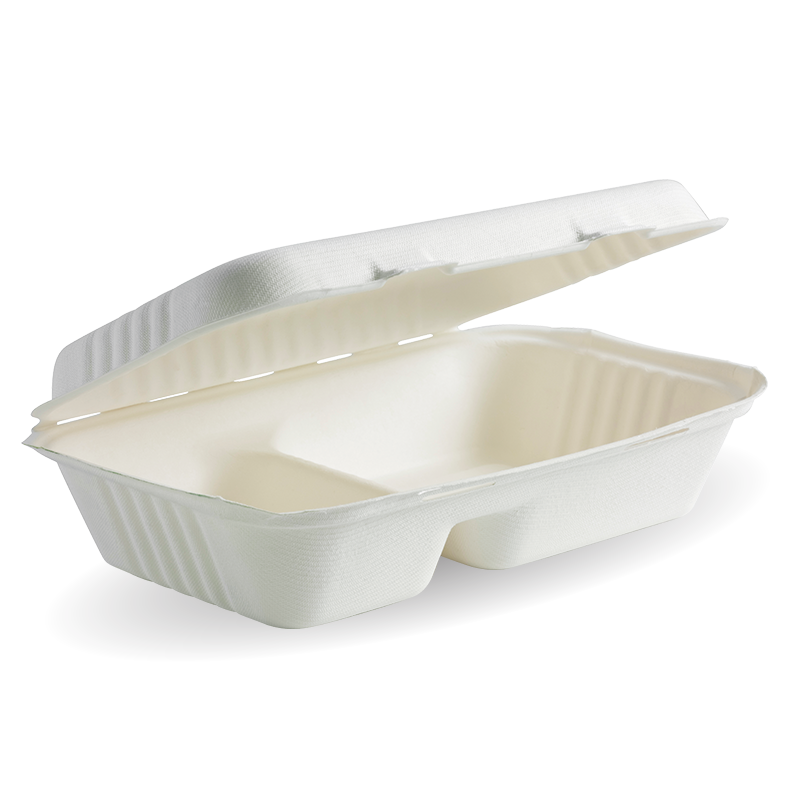 23x15x8cm / 9x6x3" 2-Compartment White BioCane Clamshell