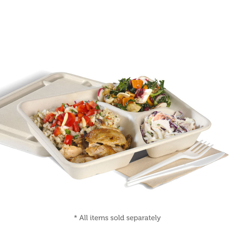 BioPak 3 Compartment Sugarcane Takeaway Base pictured with food