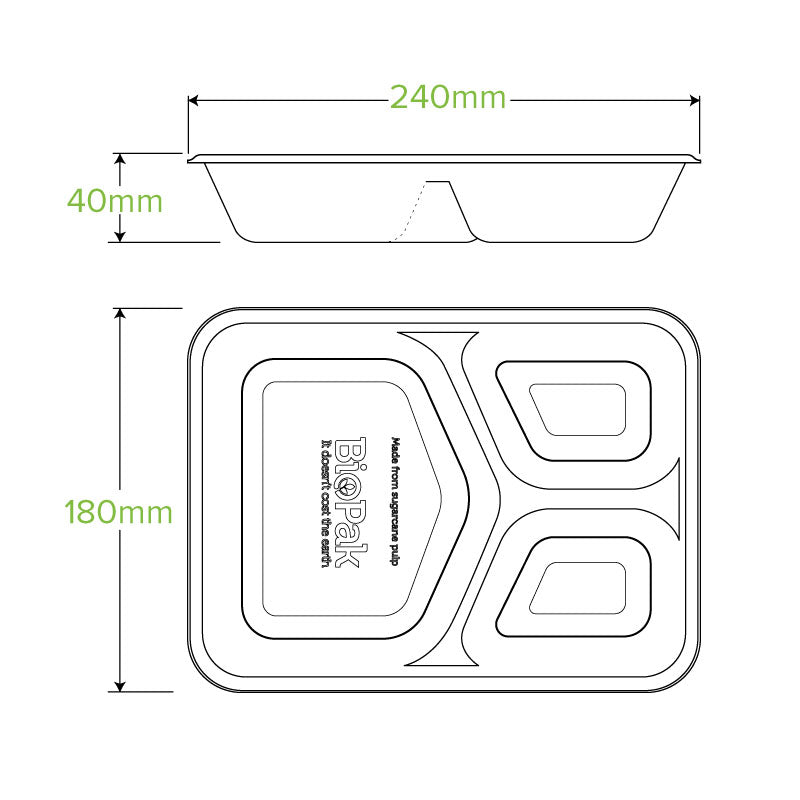 BioPak 3 Compartment Sugarcane Takeaway Base specifications