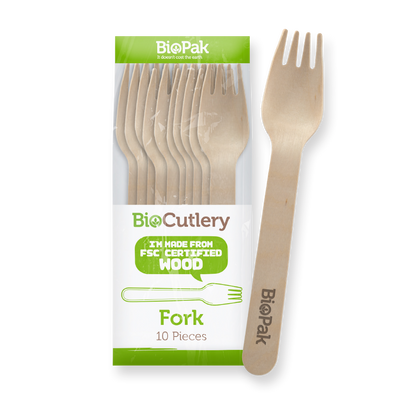 BioPak 16cm Wooden Fork - Individually wrapped 10pk
