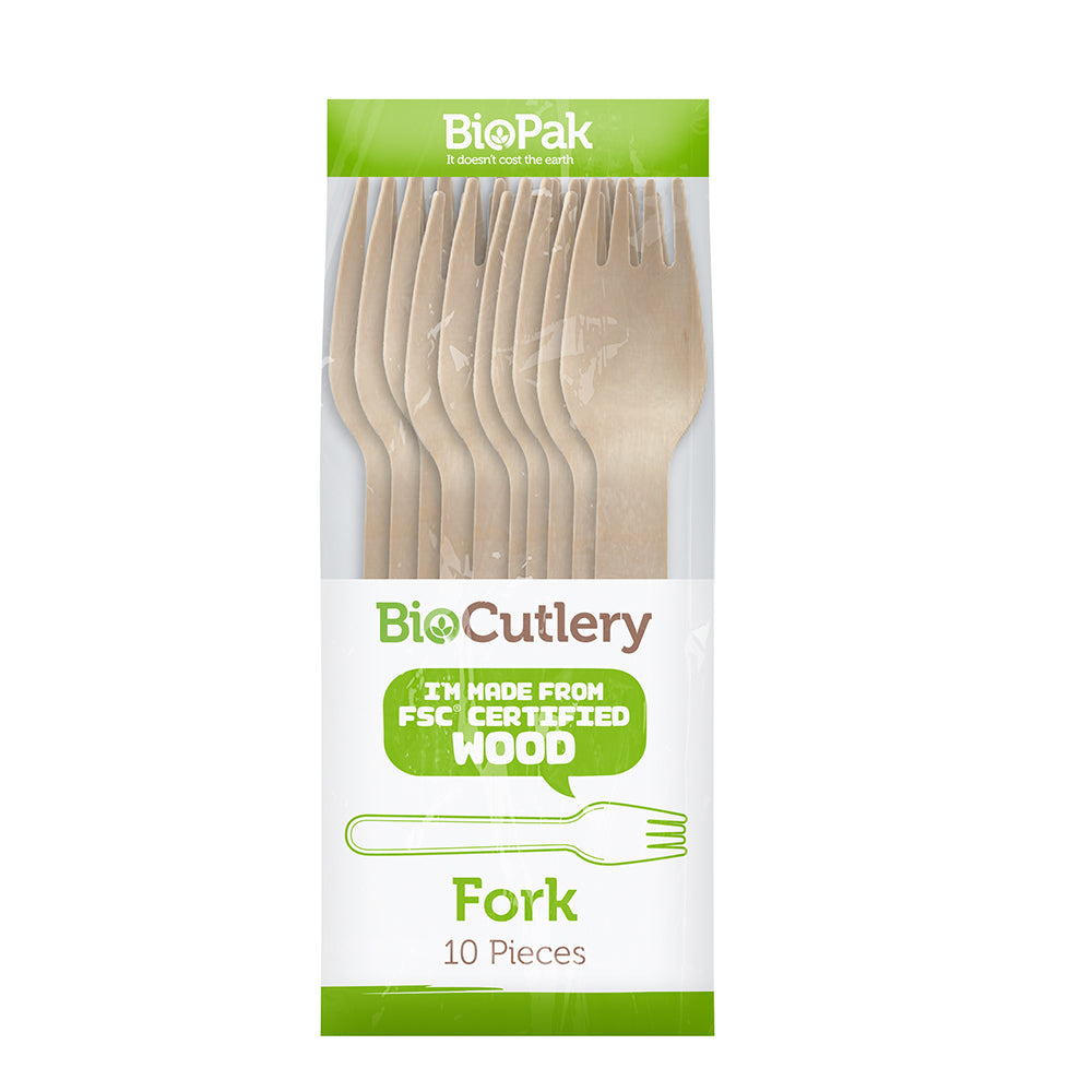 BioPak 16cm Wooden Fork - Individually wrapped 10pk