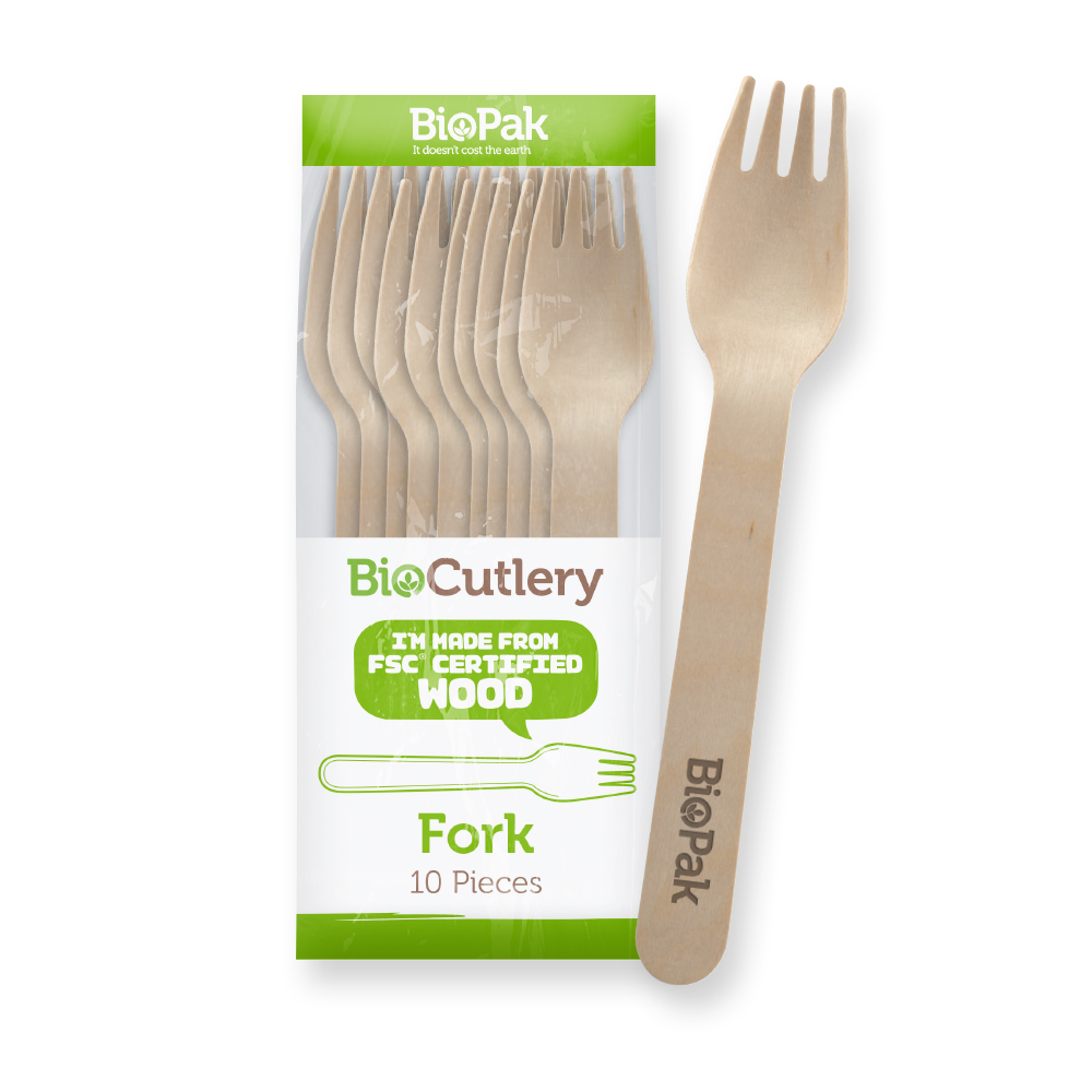BioPak 16cm Wooden Fork - Individually wrapped 10pk
