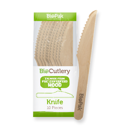 BioPak 16cm Wooden Knife - Individually wrapped 10pk