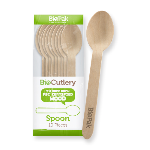 BioPak 16cm Wooden Spoon - Individually wrapped 10pk