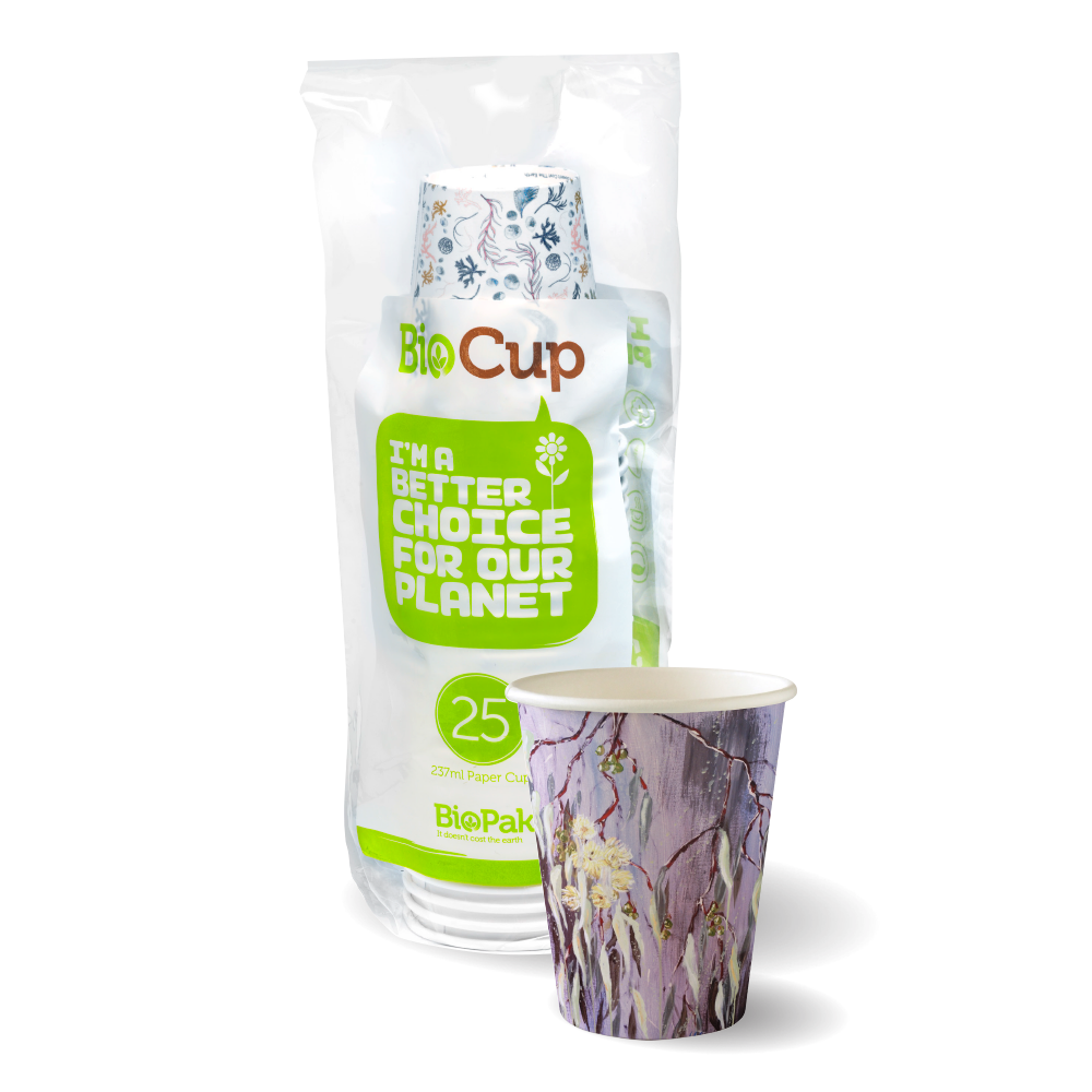 BioPak 280ml Art Series Hot Paper Cups - individually wrapped 25pk