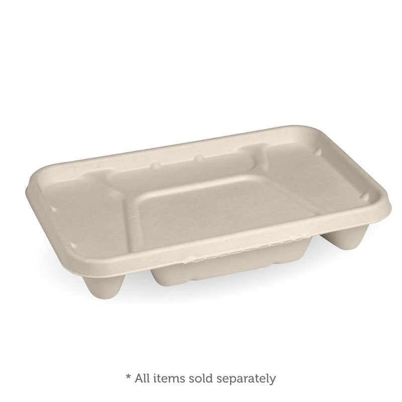 BioPak 4 Compartment Sugarcane Fibre Takeaway Base Lid - Natural pictured on base