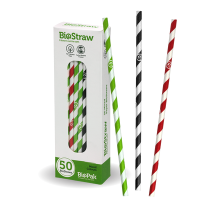 BioPak 6mm Mixed Regular Straws - Individually wrapped 50pk