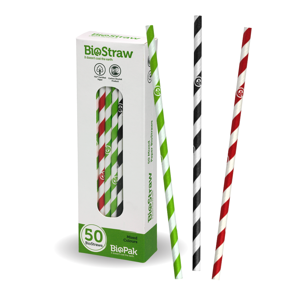 BioPak 6mm Mixed Regular Straws - Individually wrapped 50pk