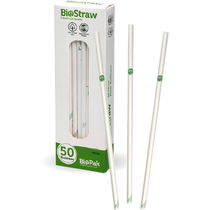 BioPak 6mm White Regular Straws - Individually wrapped 50pk