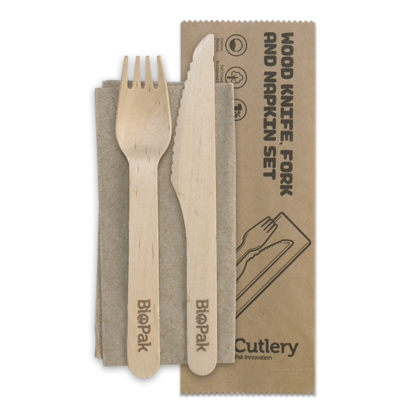 16cm Wood Knife, Fork & Napkin Set
