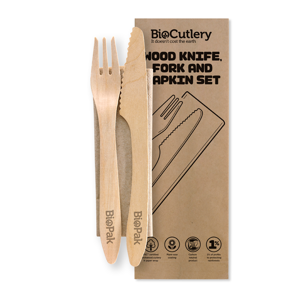 19cm Coated Wood Knife, Fork & Napkin Set