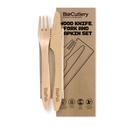 19cm Coated Wood Knife, Fork & Napkin Set