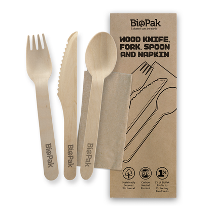 16cm FSC Wood Fork, Knife, Spoon & Napkin Sets